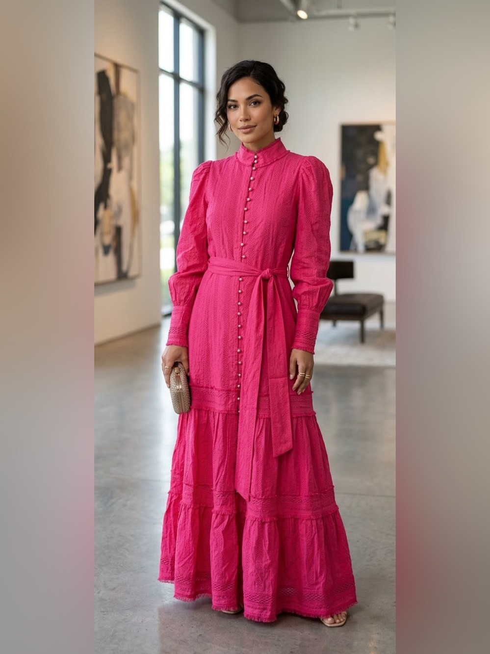Women’s Long Sleeve Pink Tiered Button-Front Maxi